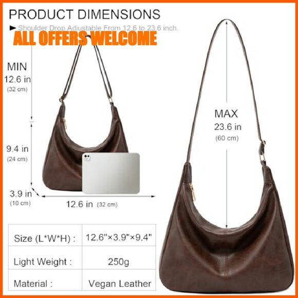 Large Vegan Leather Hobo Bag Foldable Crossbody Shoulder Tote - Picture 7 of 8